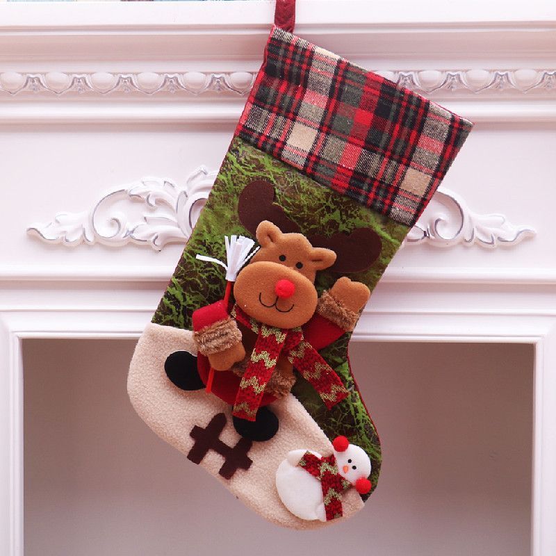 Oversized Plaid Reindeer Christmas Stocking, Tartan Xmas Tree Hanging Gift Bag, 47*29cm