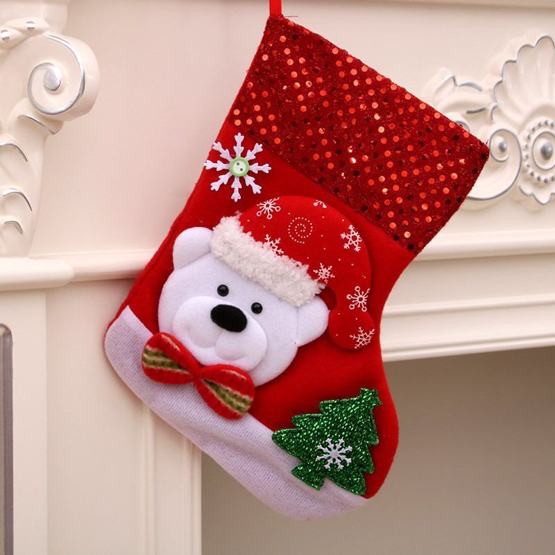 Medium Sequin Bear Christmas Stocking, Sparkly Holiday Tree Decor Pouch, 25*19cm