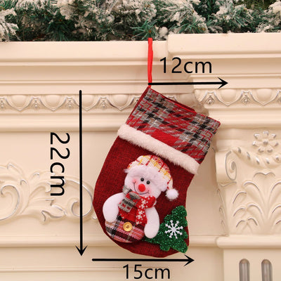 Medium Plaid Snowman Christmas Stocking, Tartan Pattern Xmas Hanging Sack, 22*15cm