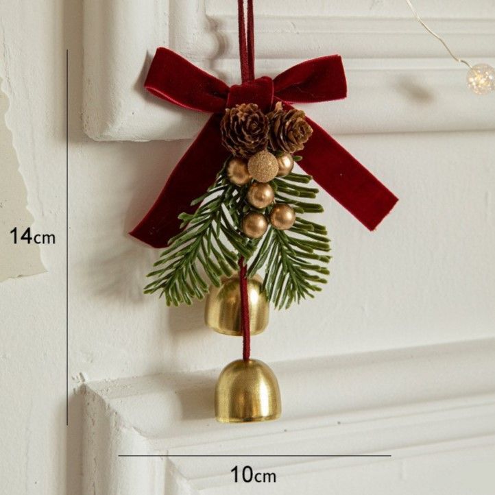 Double Metal Bells With Red Velvet Bow, Stylish Christmas Hanging Decor For Tree, Wall And Door Arrangement