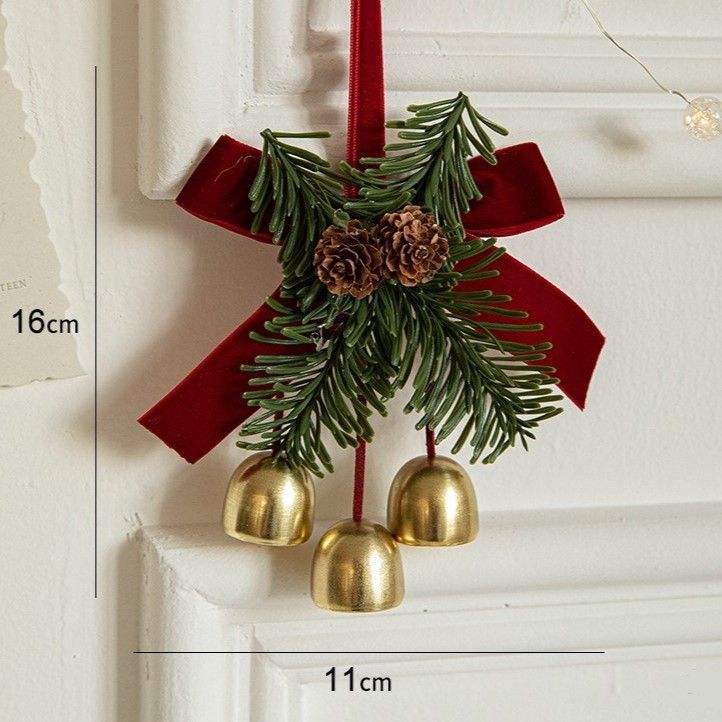 Triple Iron Bell Ornament With Velvet Bow, Holiday Hanging Pendant For Christmas Scene Layout