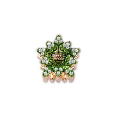 European Style Metal Hair Claw, Green Pearl Flower Alloy Shark Clip, Christmas Fashion Hair Decor