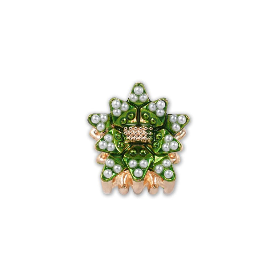 European Style Metal Hair Claw, Green Pearl Flower Alloy Shark Clip, Christmas Fashion Hair Decor