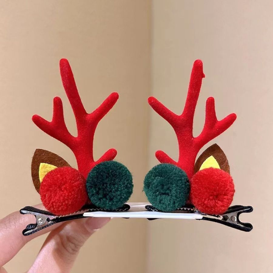 Fluffy Antler Hair Barrette, Red & Green Pom Pom Red Horn, Christmas Halloween Themed Party Hair Ornament