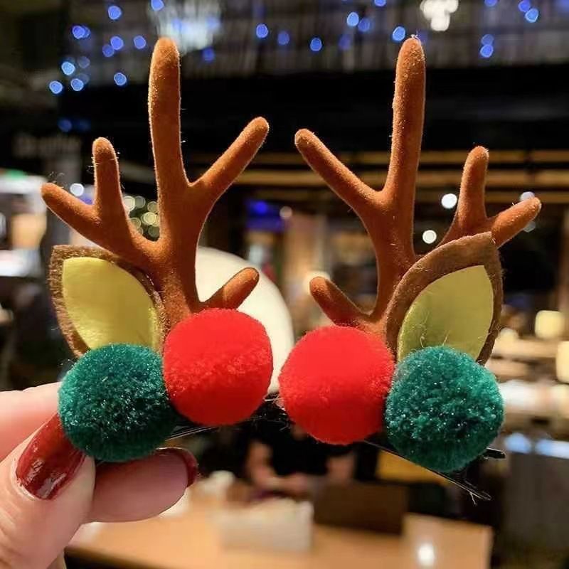 Cute Festival Antler Hair Clip, Red & Green Pom Pom Brown Horn, Halloween Cosplay & Christmas Outfit Headwear