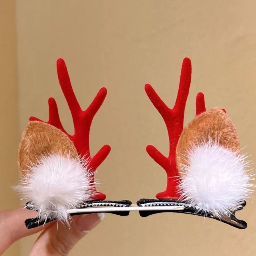 Lovely Antler Headpiece, Fluffy White Fur Red Horn Hair Clip, Christmas Halloween Festival Decor Accessory