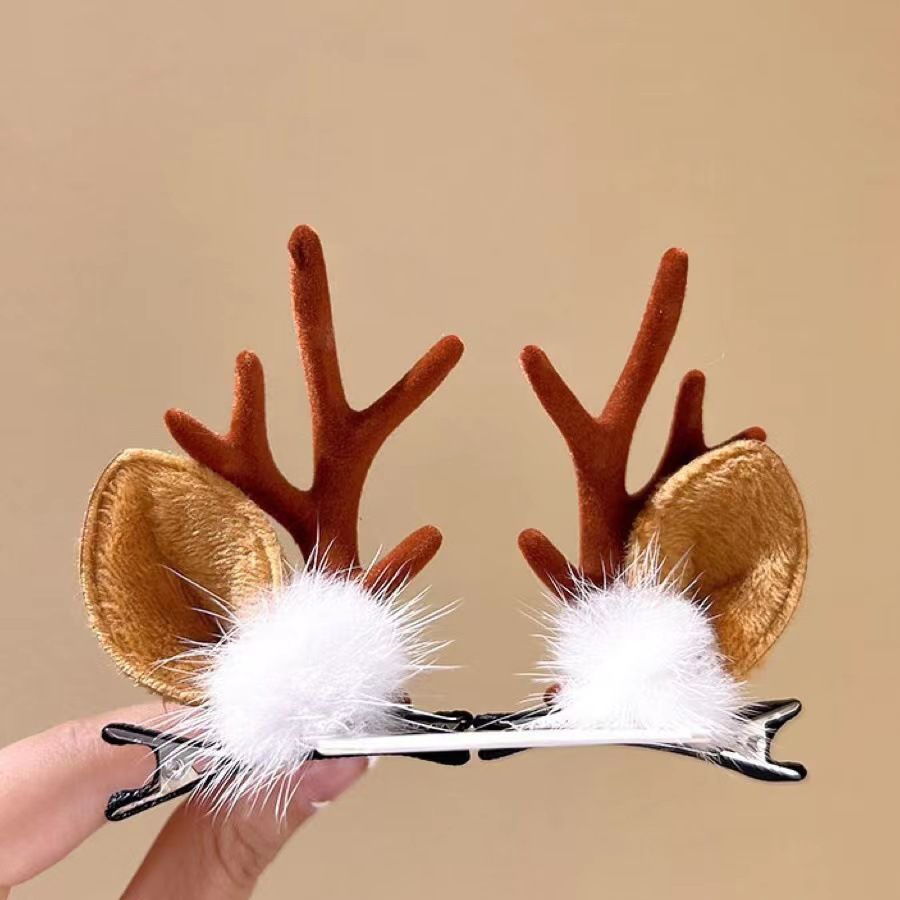 Adorable Holiday Antler Hair Barrette, Fluffy White Fur Brown Horn, Halloween Cosplay & Xmas Party Hair Decor