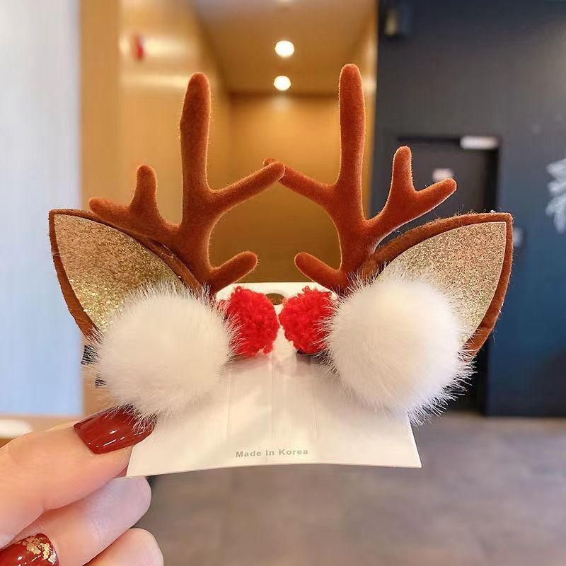 Adorable Holiday Antler Barrette, Red & White Pom Pom Brown Horn, Xmas Halloween Costume Hair Ornament