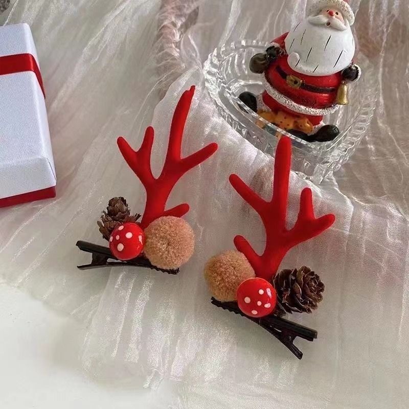 Khaki Pinecone Red Antler Hair Clips, A Pair Costume Headwear For Christmas Halloween Themed Party