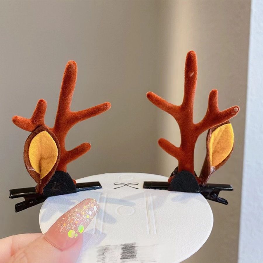 Ear Decor Brown Antler Hair Clips, One Pair Cute Headwear For Halloween Cosplay And Christmas Decor