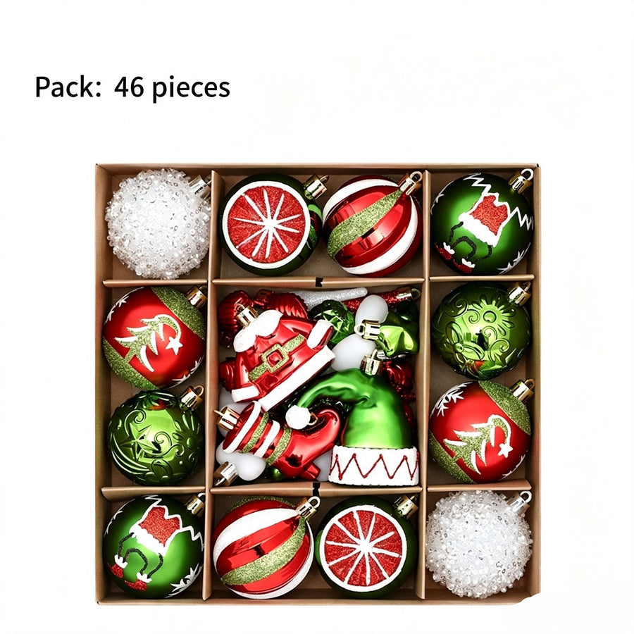 46 Pieces Hand Drawn Christmas Ball Gift Box, Xmas Tree Pendant, Christmas & Halloween Party Decor, Red Green White Style