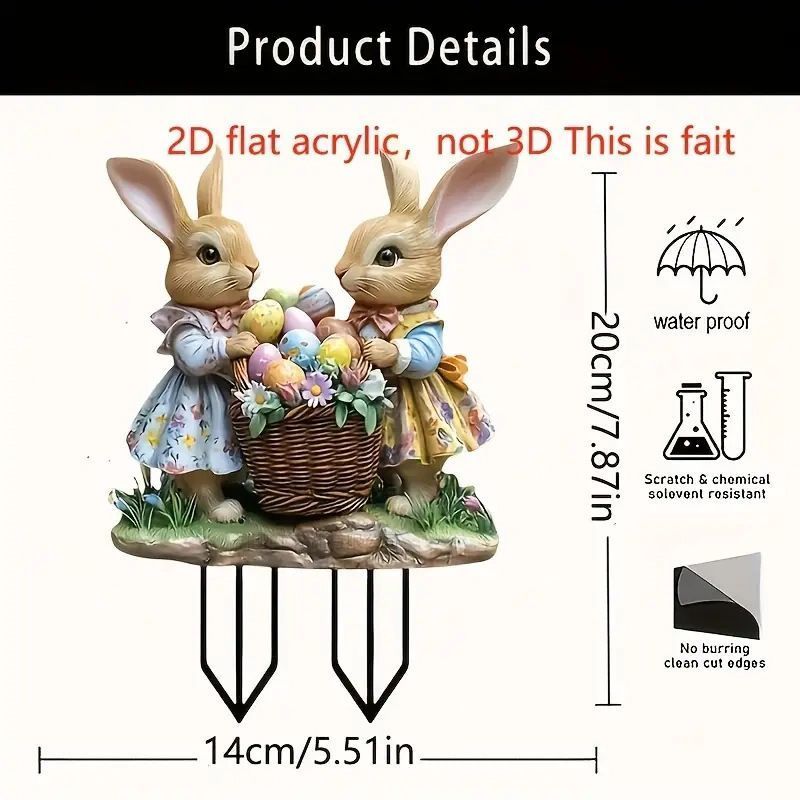 2D Flat Acrylic Bunny Garden Stake, Cute Basket Rabbit Pot Ornament, Waterproof Lawn Decor For Christmas Halloween Outdoor Scene Layout