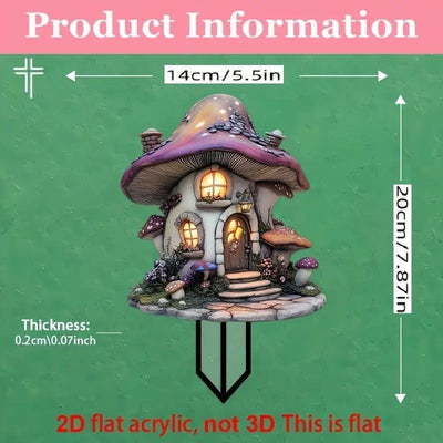 2D Acrylic Mushroom Fairy House Plant Stake, Fantasy Cottage Yard Insert, Weatherproof Ornament for Christmas Halloween Garden Decoration