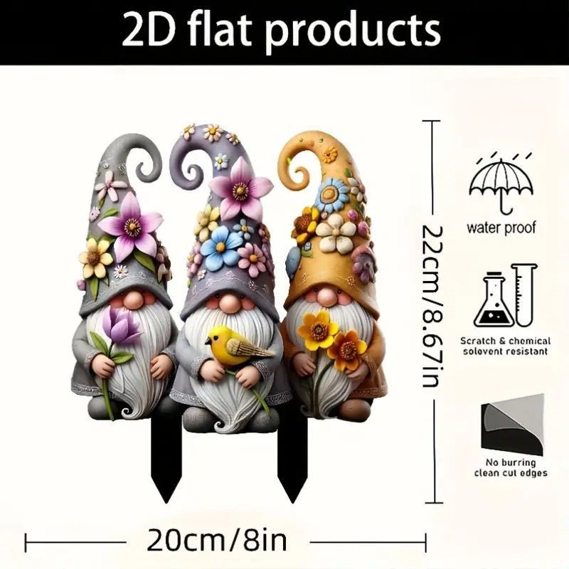 2D Acrylic Floral Gnome Plant Stake, Dwarf Figurine Pot Insert, Waterproof Yard Decor Suitable for Christmas Halloween Holiday Layout