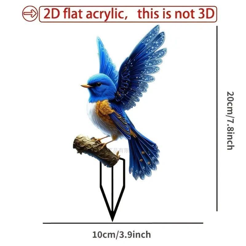 Vivid 2D Flat Acrylic Blue Bird Garden Stake, Wildlife Pot Ornament, Weatherproof Outdoor Decor for Christmas Halloween & Seasonal Yard Display