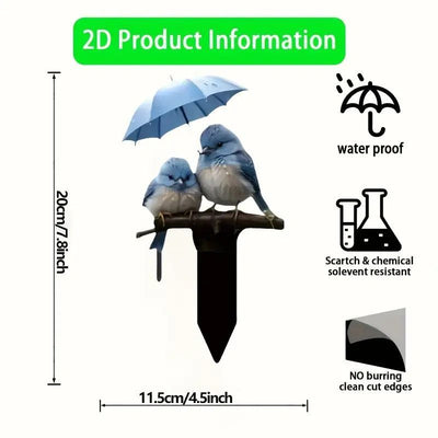 2D Flat Acrylic Two Birds With Umbrella Plant Stake, Cute Sparrow Pot Insert, Weatherproof Lawn Ornament For Christmas Halloween Decor