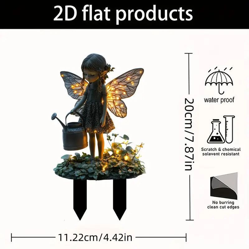 Graceful 2D Flat Acrylic Watering Winged Fairy Garden Stake, Elf Pot Ornament, Waterproof Lawn Prop For Christmas Halloween Scene Decor