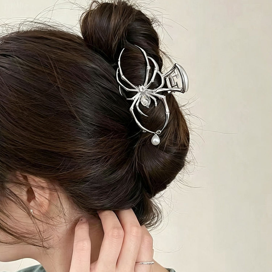 Halloween & Christmas White K Tone Spider With Pearl Hair Claw, Premium Metal Clip For Christmas & Halloween