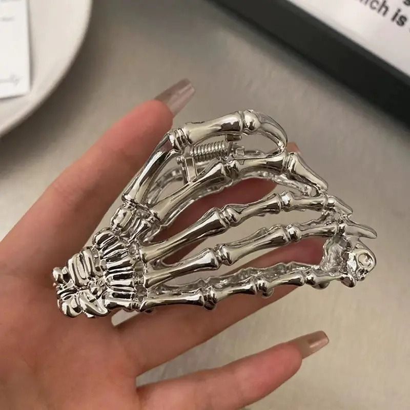 Halloween & Christmas Silver White Skull Claw Metal Hair Claw, Gothic Style Shark Clip For Holiday Events