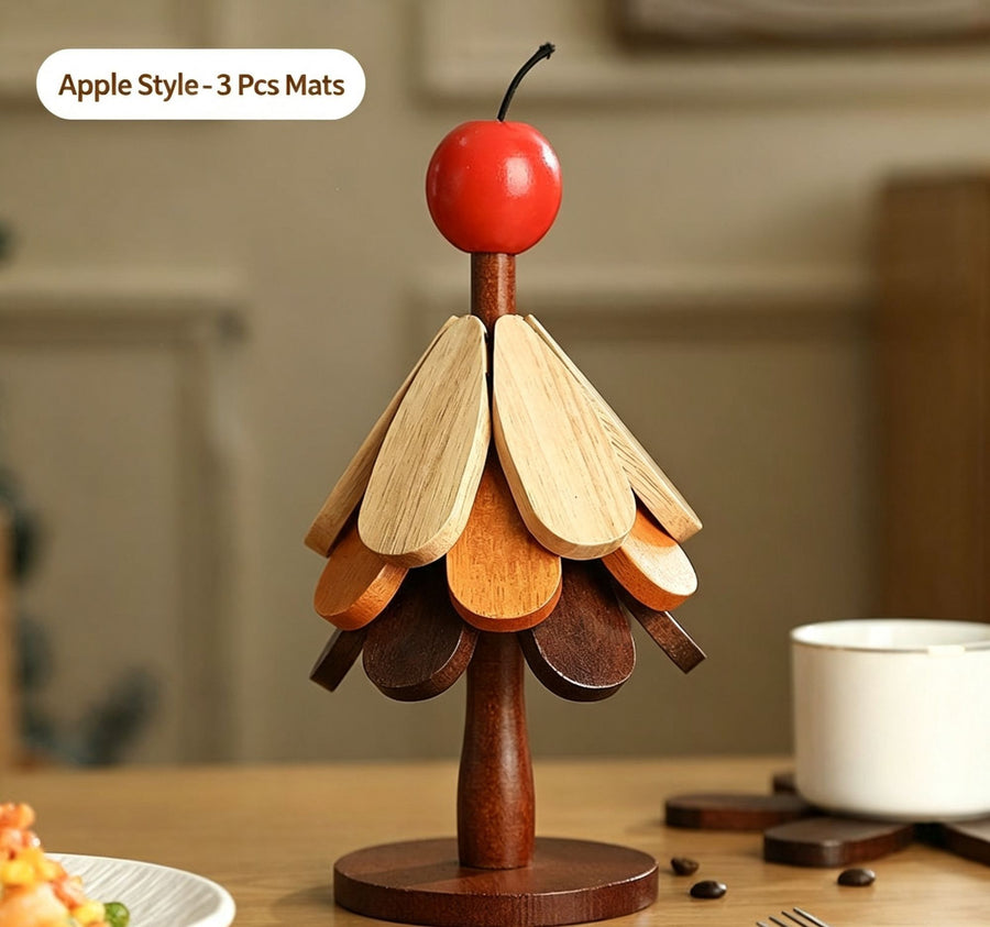 3-Tier Apple Style Christmas Tree Heat Insulation Trivet, Wooden Table Pad, Decor Supplies for Christmas & Halloween