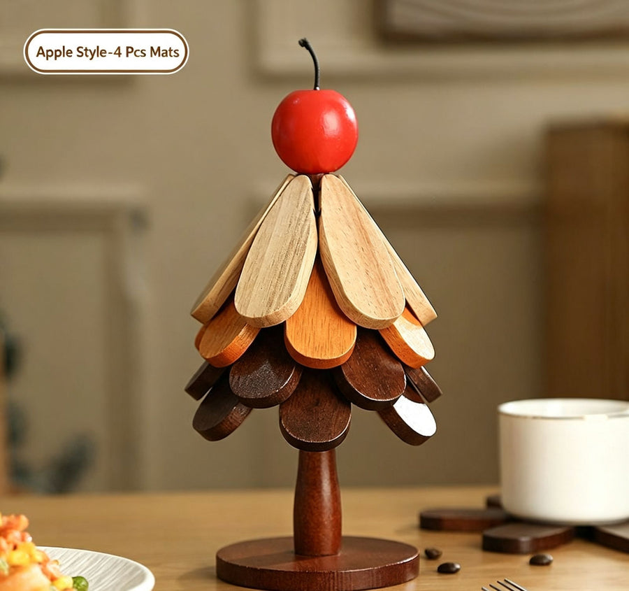 4-Tier Apple Style Christmas Tree Heat Insulation Trivet, Practical Wooden Pot Mat for Christmas & Halloween Gathering