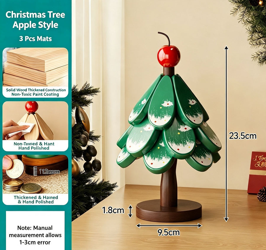 Green Christmas Tree 3-Tier Apple Pattern Heat Insulation Pad, Wooden Table Trivet for Christmas & Halloween Home Decor