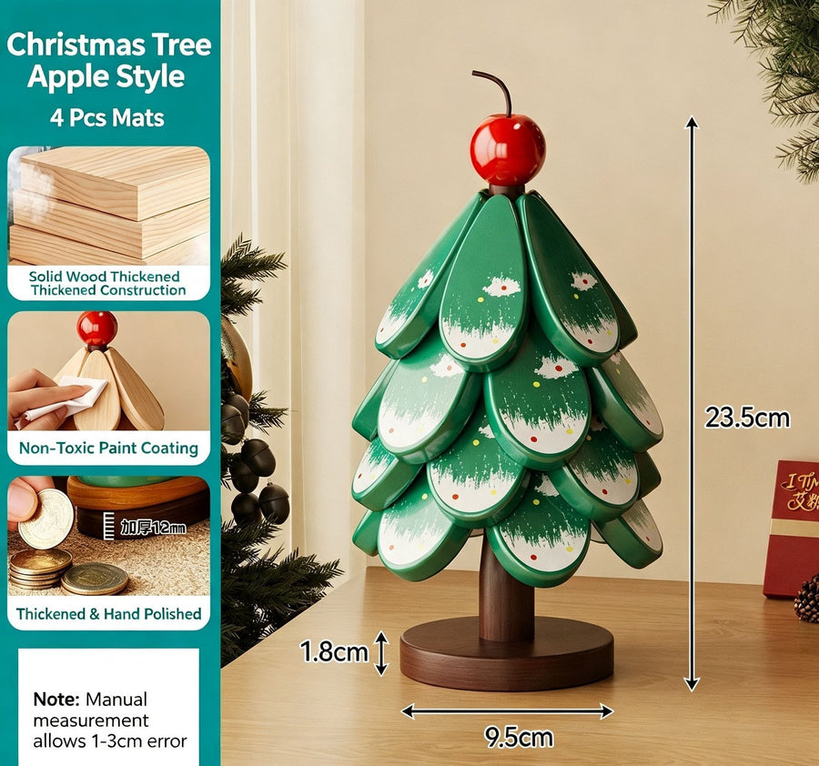 Green Christmas Tree 4-Tier Apple Pattern Heat Insulation Pad, Anti-scald Pot Coaster for Christmas & Halloween Events