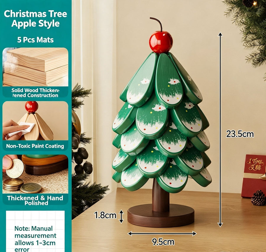 Green Christmas Tree 5-Tier Apple Pattern Heat Insulation Pad, Stylish Table Ornament for Christmas & Halloween