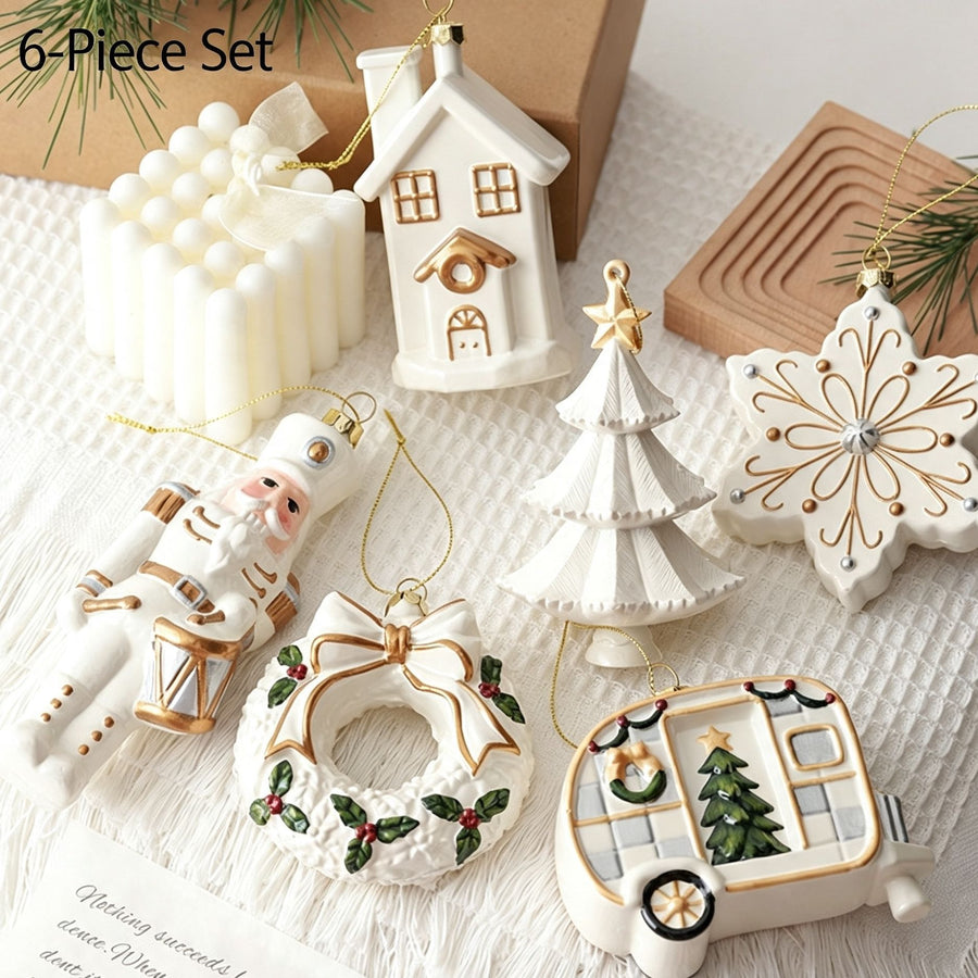 White & Gold 6 Pieces Assorted Hanging Ornament Set, Mixed Designs For Christmas & Halloween Scene Decoration
