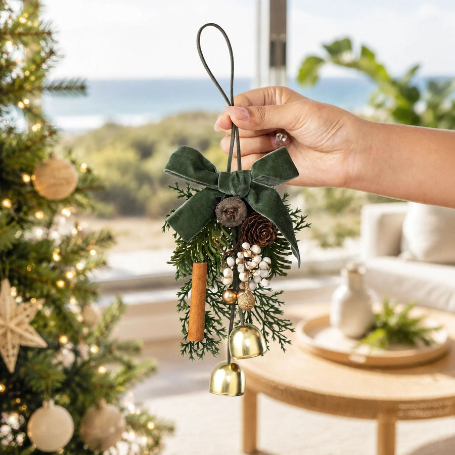 2 Pack D7 Christmas Wood Strip Pinecone Double Bells Green