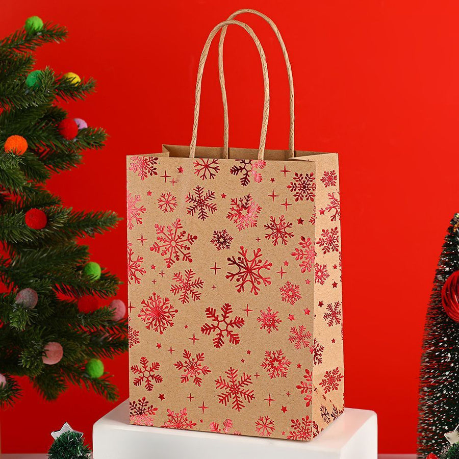20Pcs Christmas Kraft Gift Bags, Red Gold Hot Stamping Snowflake, 15×8×21cm