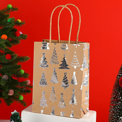 20Pcs Christmas Kraft Gift Bags, Silver Hot Stamping Christmas Tree, 15×8×21cm