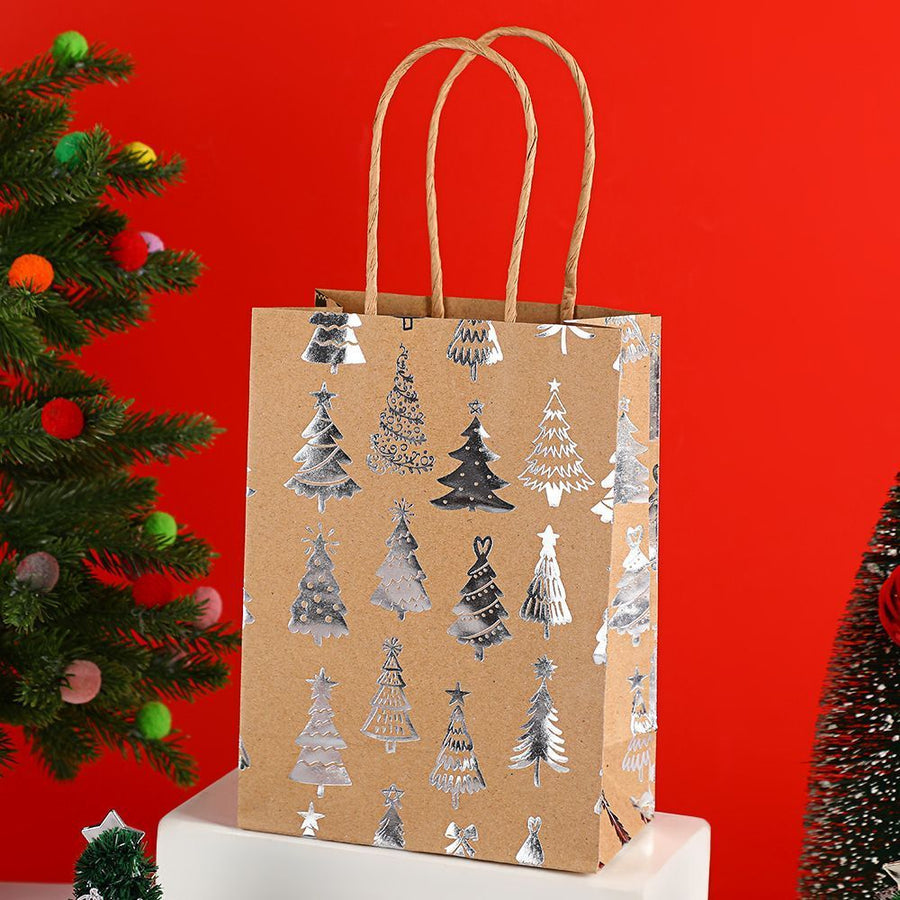 20Pcs Christmas Kraft Gift Bags, Silver Hot Stamping Christmas Tree, 15×8×21cm