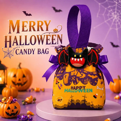 8Pcs Orange Background Skull Halloween Drawstring Bags With Bat Doll