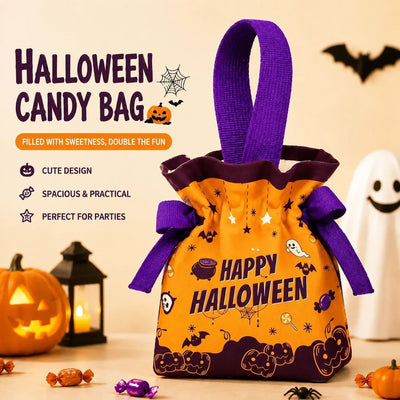 8Pcs Orange Background Ghost Candy Halloween Drawstring Bags