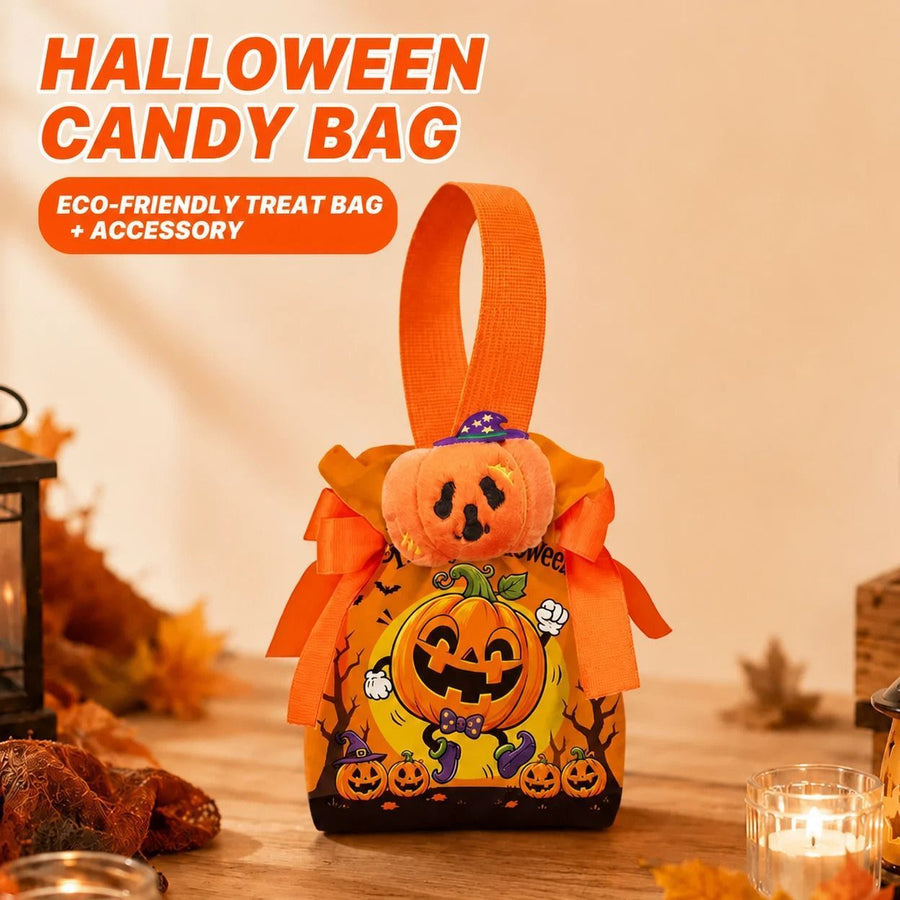 8Pcs Orange Background Pumpkin Halloween Drawstring Bags With Pumpkin Doll