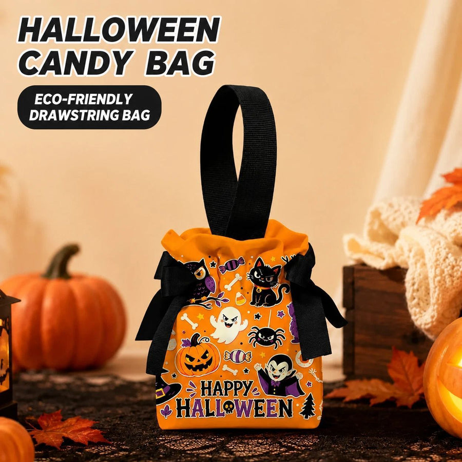 8Pcs Orange Background Ghost Spider Halloween Drawstring Bags