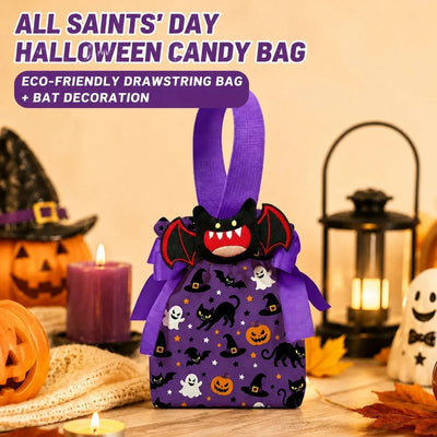 8Pcs Purple Background Black Cat Halloween Drawstring Bags With Bat Doll