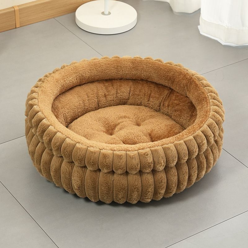 Plush Round Bed - Coffee, Size S: 40×40×15cm