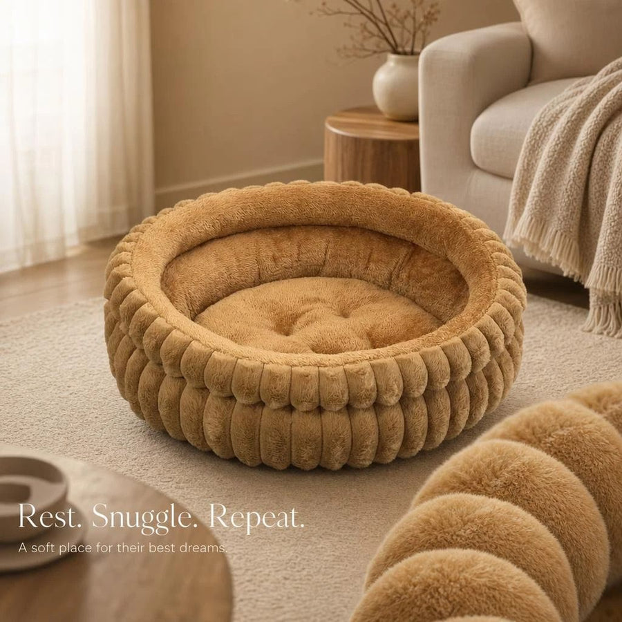 Plush Round Bed - Coffee, Size M: 50×50×15cm