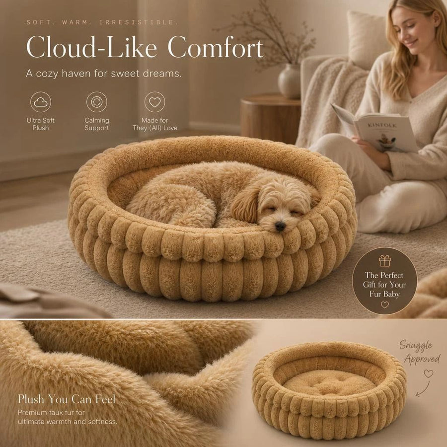 Plush Round Bed - Coffee, Size L: 60×60×15cm