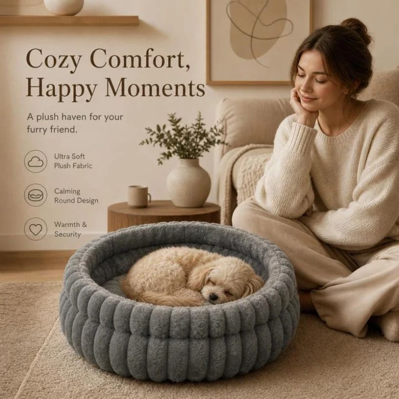 Plush Round Bed - Grey, Size S: 40×40×15cm