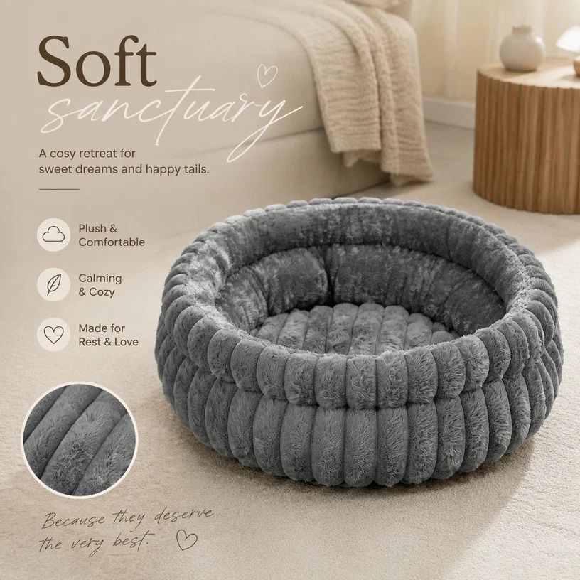 Plush Round Bed - Grey, Size M: 50×50×15cm
