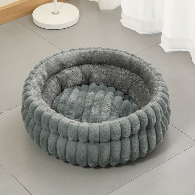 Plush Round Bed - Grey, Size L: 60×60×15cm