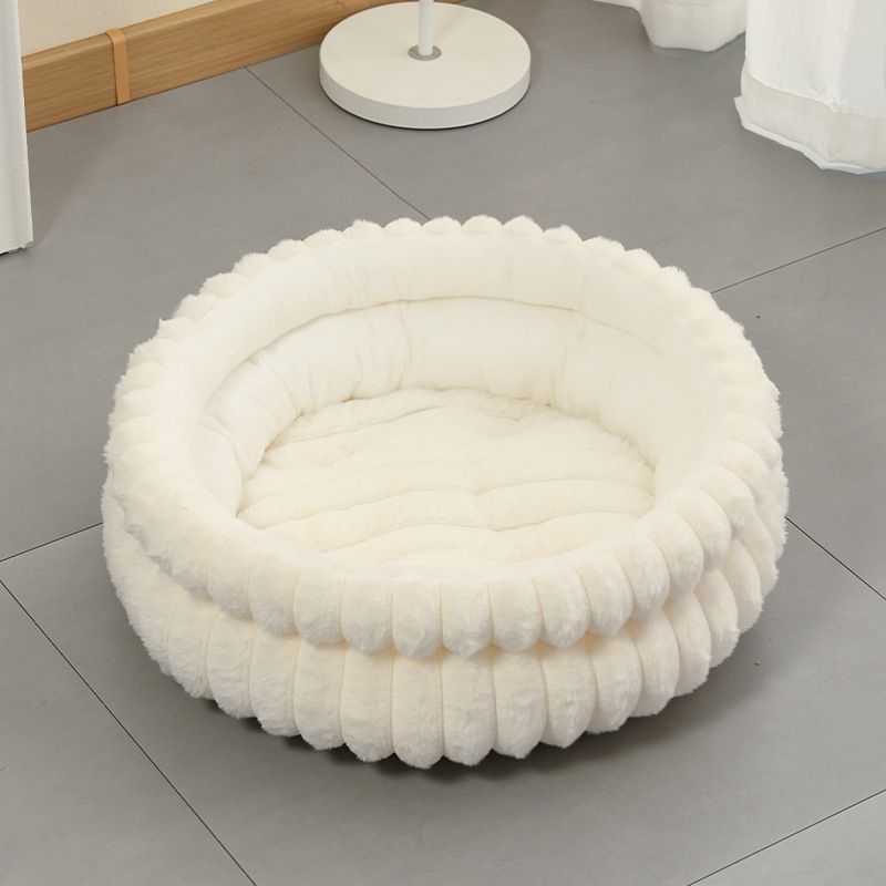 Plush Round Bed - Cream White, Size S: 40×40×15cm