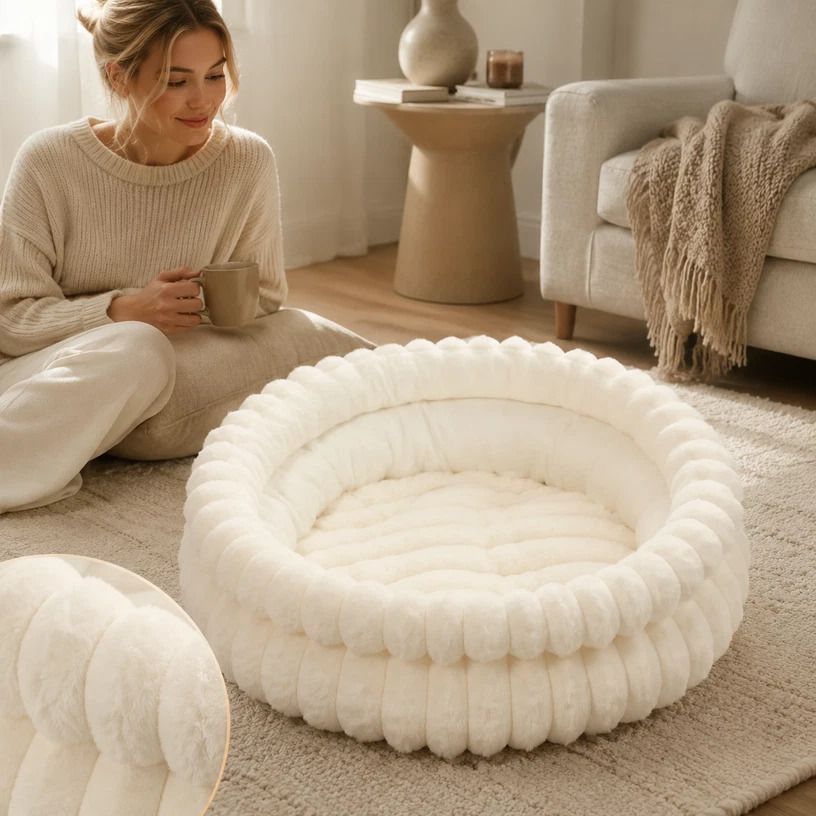Plush Round Bed - Cream White, Size M: 50×50×15cm
