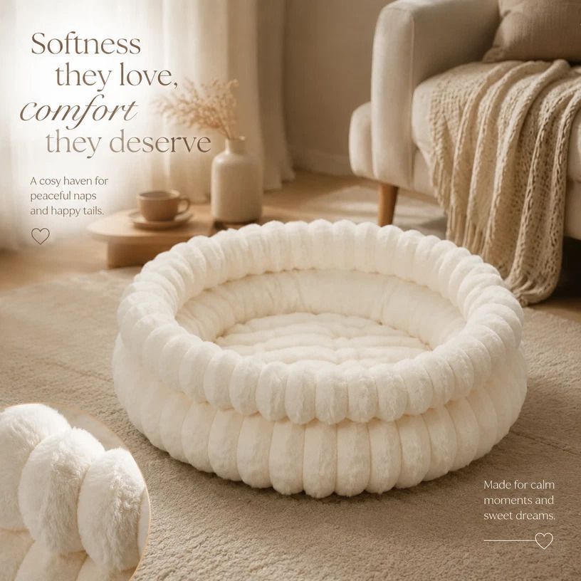 Plush Round Bed - Cream White, Size L: 60×60×15cm