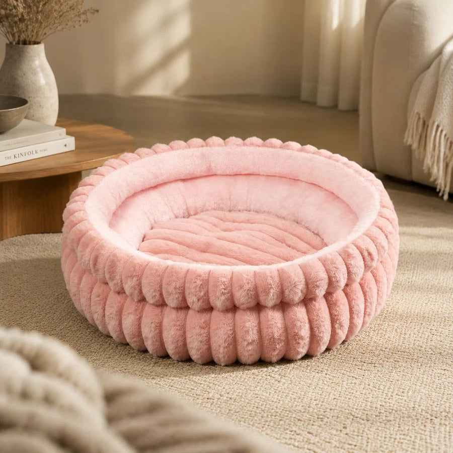Plush Round Bed - Pink, Size S: 40×40×15cm
