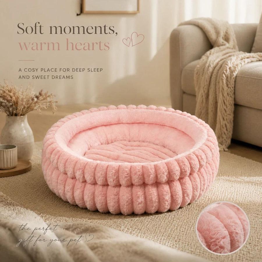 Plush Round Bed - Pink, Size M: 50×50×15cm