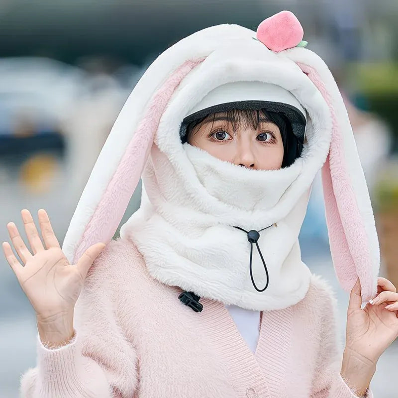 Cartoon Rabbit Ear Thermal Hat: Three-in-One Design, Cute and Warm, Perfect for Cycling and Skiing, Adorable All Winter Long!/white